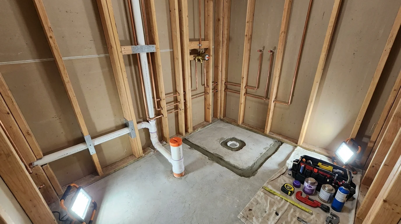 Bathroom rough-in plumbing during remodel by Johns Plumbing LLC in Denison