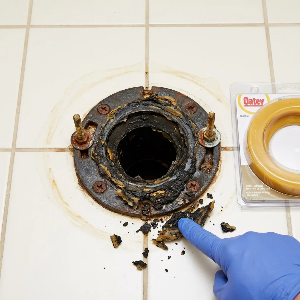 Failed wax ring showing water seepage at the base of a toilet in a Denison, IA home