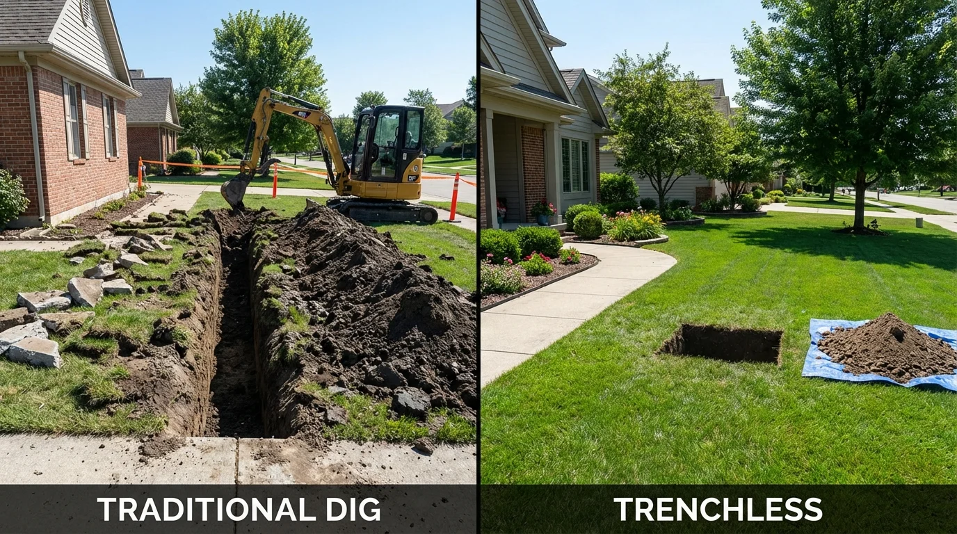 Trenchless sewer repair with minimal yard damage versus traditional excavation in Denison, IA